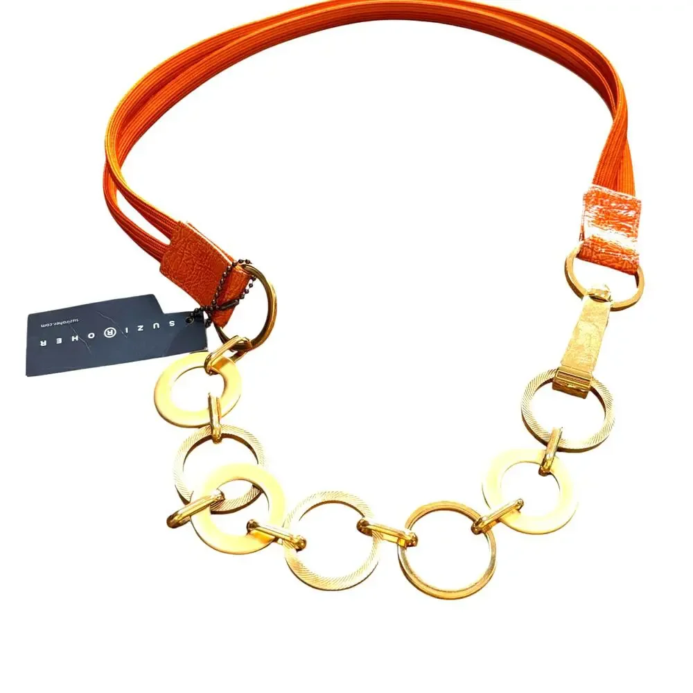 Suzi Roher NWT orange double band stretch belt chunky gold hoops chain Size XL